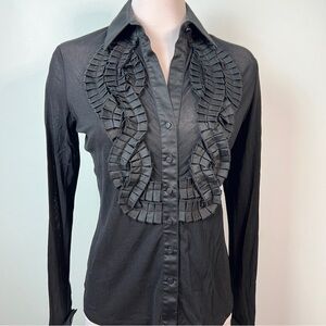 Etcetera Black Textures Long Sleeve Blouse with Ruffle Bib Detail | Size 6